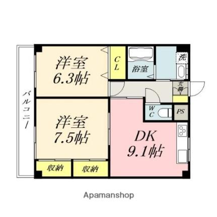 パレスマリソル 402｜岡山県岡山市北区辰巳(賃貸マンション2DK・4階・54.00㎡)の写真 その2