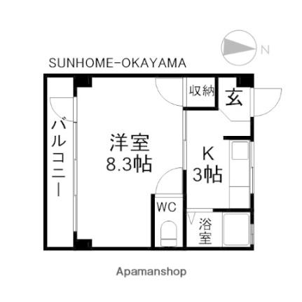 サンジェルマン富田町 403｜岡山県岡山市北区富田町２丁目(賃貸マンション1K・4階・24.86㎡)の写真 その2