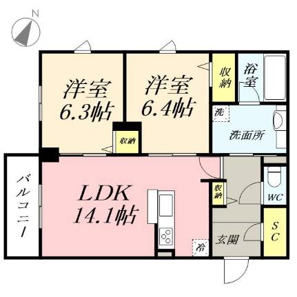 Ｓｈａｌｌｏｗ　Ｇａｒｄｅｎ　Ｂ棟 202｜岡山県岡山市北区北長瀬表町２丁目(賃貸マンション2LDK・2階・64.50㎡)の写真 その2