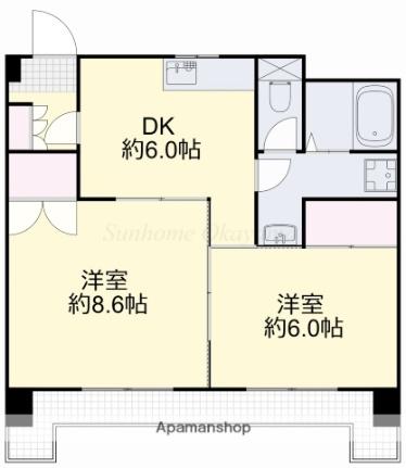 岡山県岡山市北区野田屋町２丁目（賃貸マンション2DK・3階・48.75㎡） その2