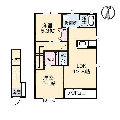 岡山県倉敷市沖新町(賃貸アパート2LDK・2階・61.63㎡)の写真 その2