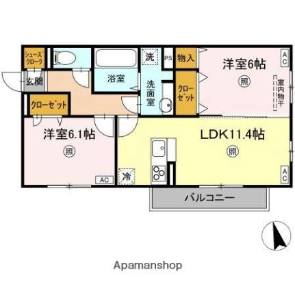 オラシオン　Ａ棟 205｜香川県高松市紙町(賃貸アパート2LDK・2階・57.78㎡)の写真 その2